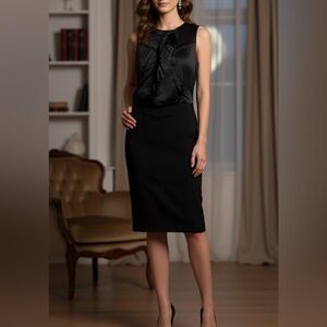 ELLEN TRACY 100% Silk Wool Sheath Dress Sz 2 Black Drape Ruched Front Lined LBD